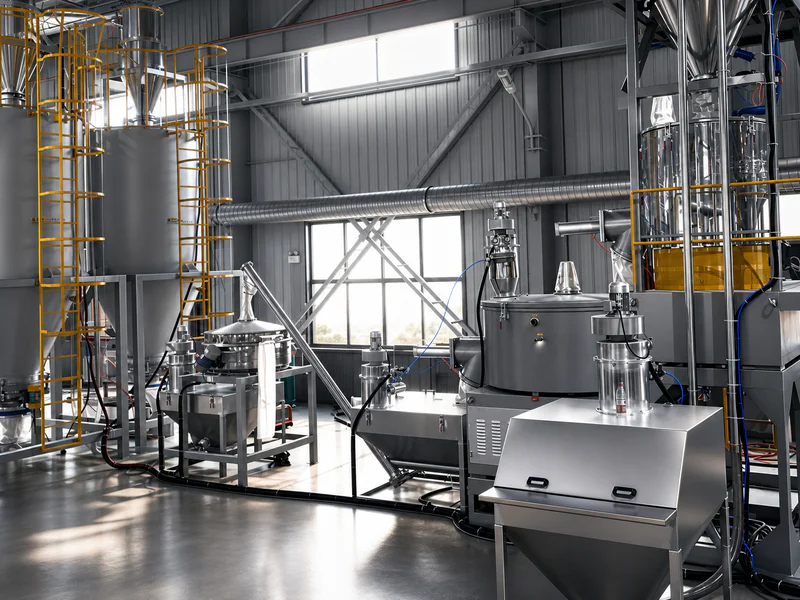 Central material handling with silos, vacuum conveying and batching