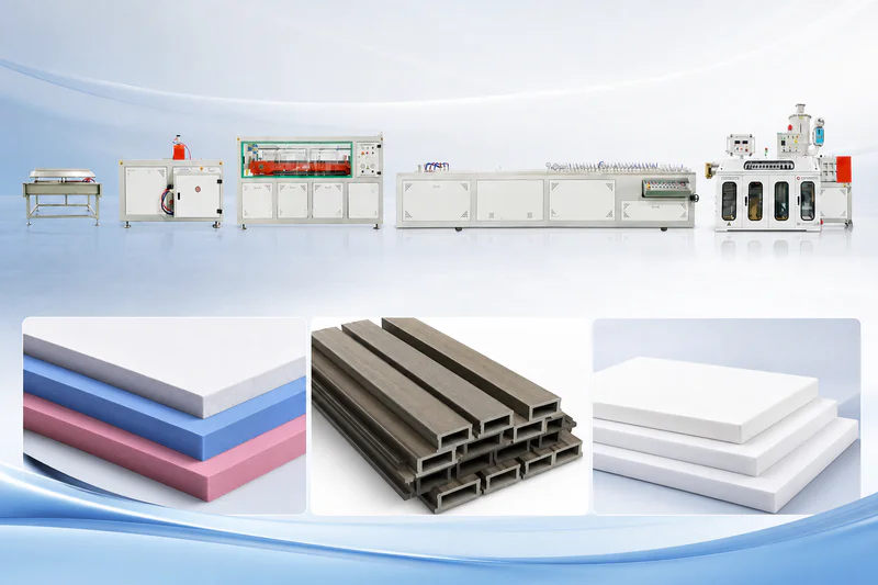 Plastic board extrusion line producing PVC foam board in a factory workshop