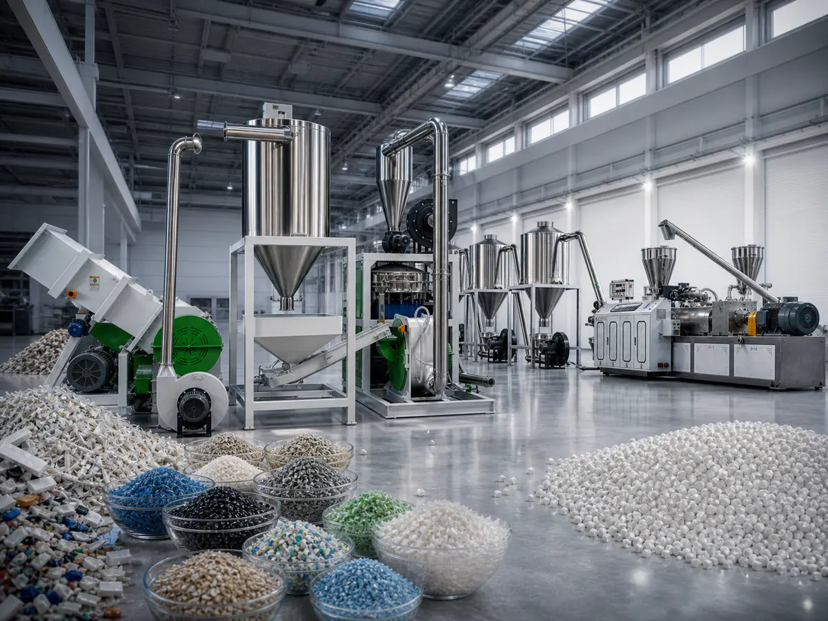 Plastic crusher, pulverizer and PVC pelletizing equipment running in a machinery factory