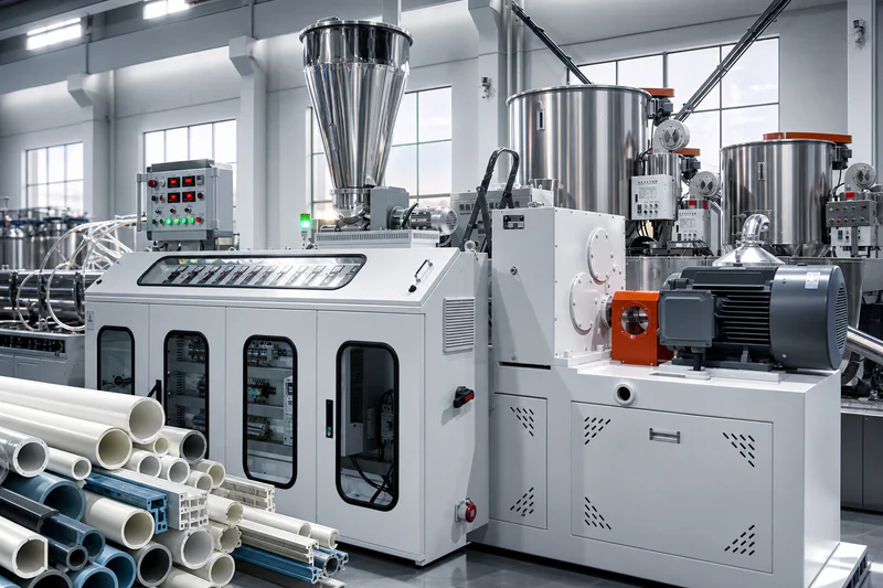 Conical twin screw extruder for PVC processing
