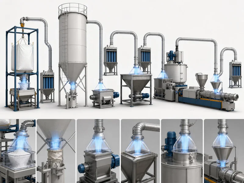 Dust collection points at feeding and discharge stations