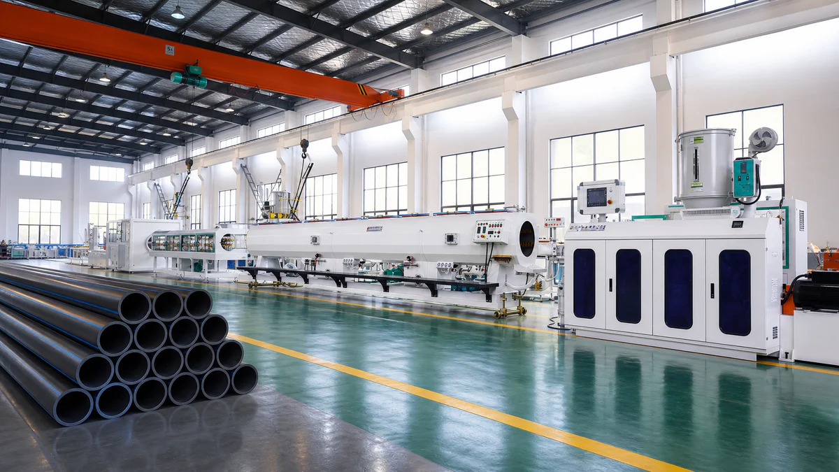 HDPE and PE pipe extrusion line running in a factory