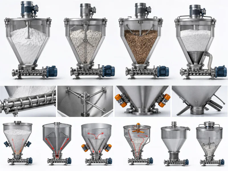 Powder hopper and screw feeder with anti bridging design