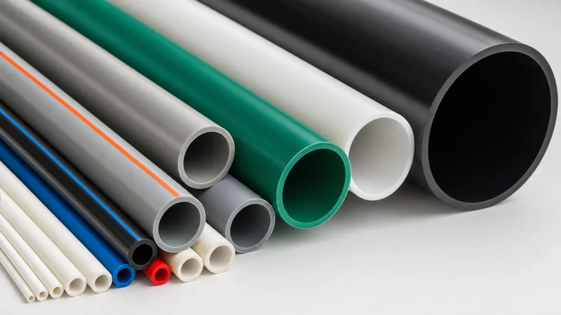 Pipes of different diameters stacked in a yard