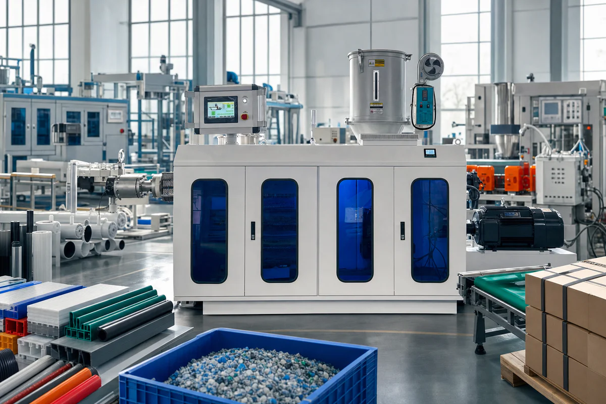 Single plastic extruder screw and barrel unit on a workshop floor
