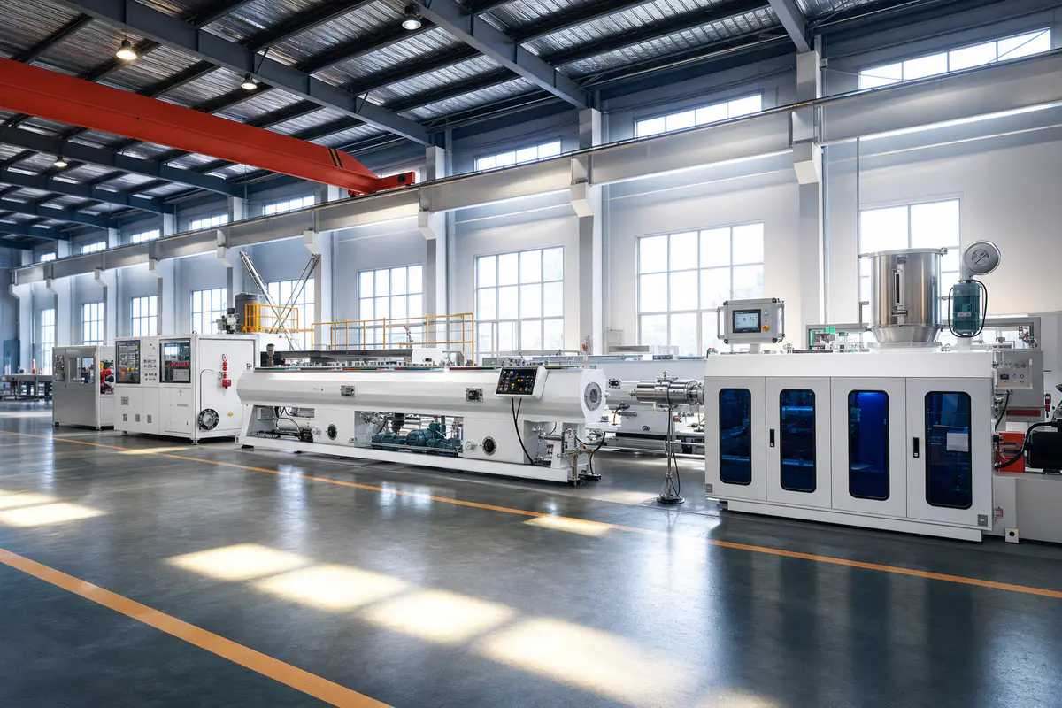 Complete plastic extrusion line with extruder, cooling and haul-off in a factory