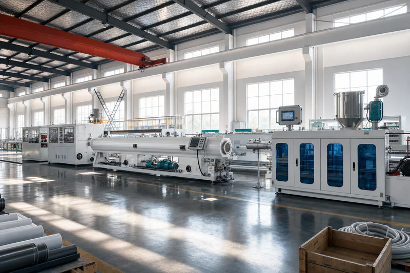 PE, PP and PVC pipe extrusion line fed by a batching system