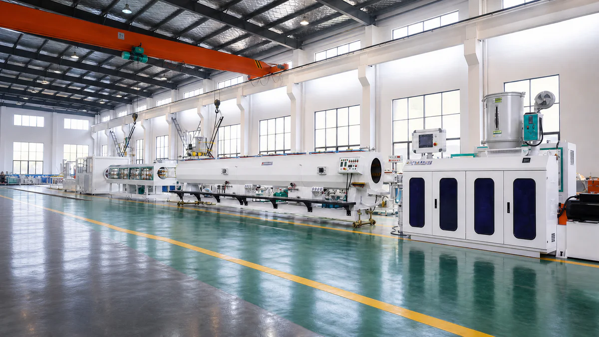 PVC and PE plastic pipe extrusion line in production