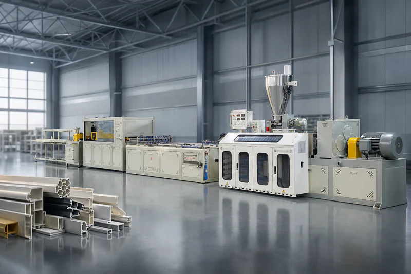 PVC and WPC profile extrusion line with powder batching