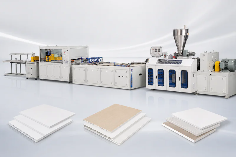 PVC foam board coming off the extrusion and calibration line
