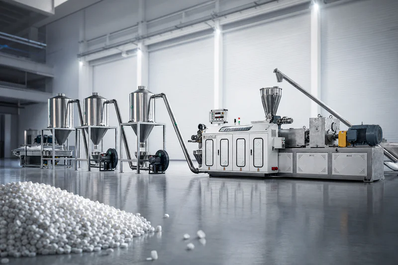 Compounding and pelletizing line with continuous loss in weight feeding