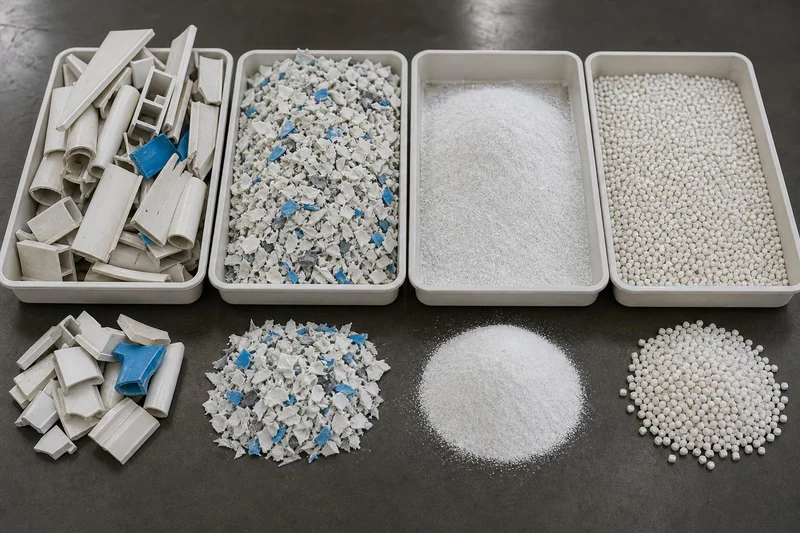 Sample trays comparing incoming material with regrind, powder, and pellets