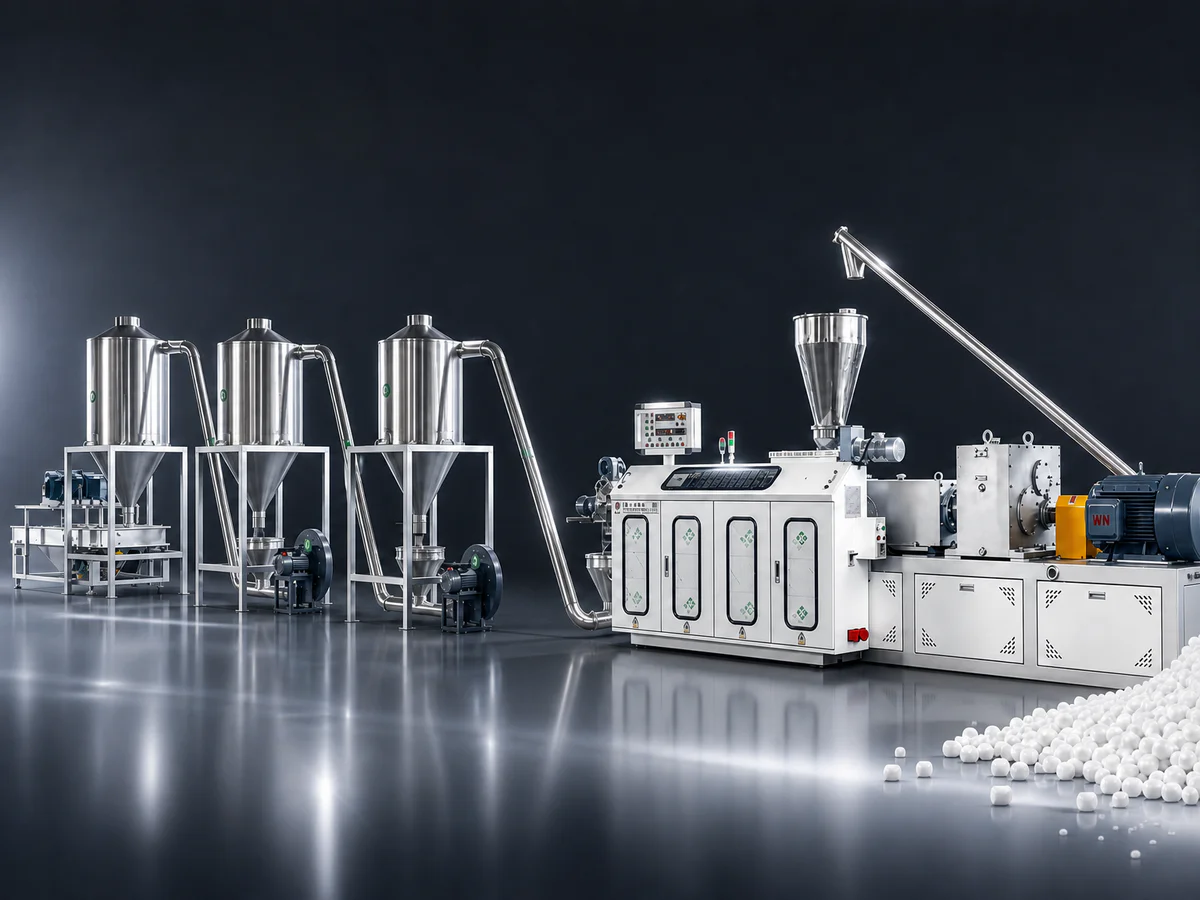 PVC pelletizing line producing granules from PVC compound and regrind
