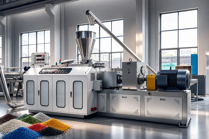 Recycling and pelletizing extruder processing plastic scrap