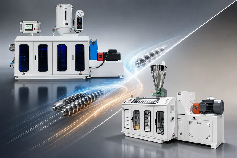 Single and twin screw extruders side by side in a plastic machinery workshop