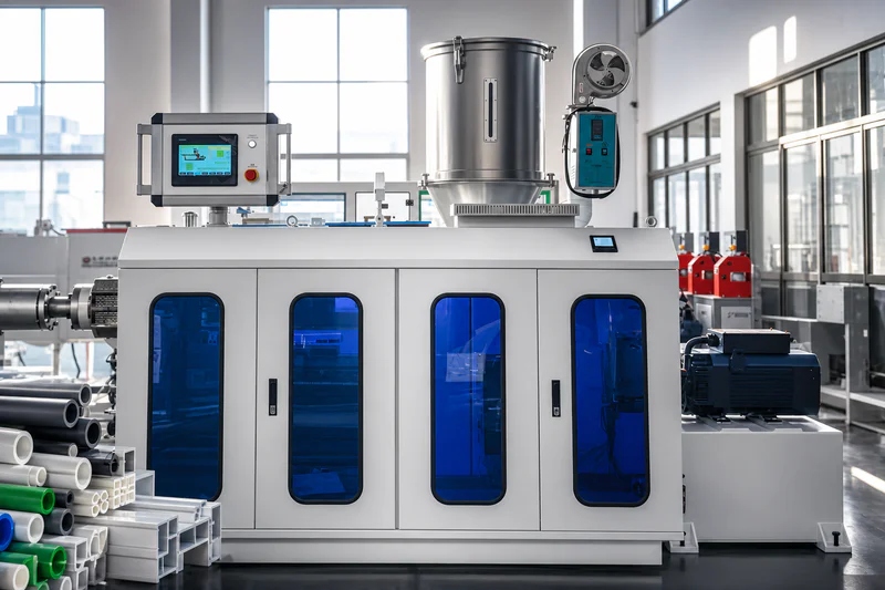 Single screw plastic extruder unit on a production line