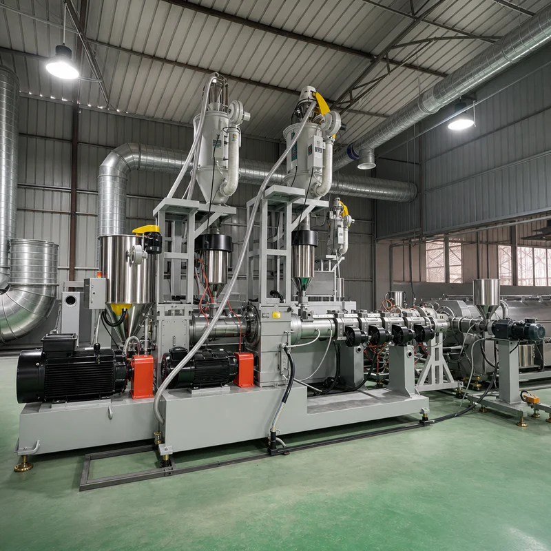 Plastic extrusion machine in showroom for pipe and profile manufacturing