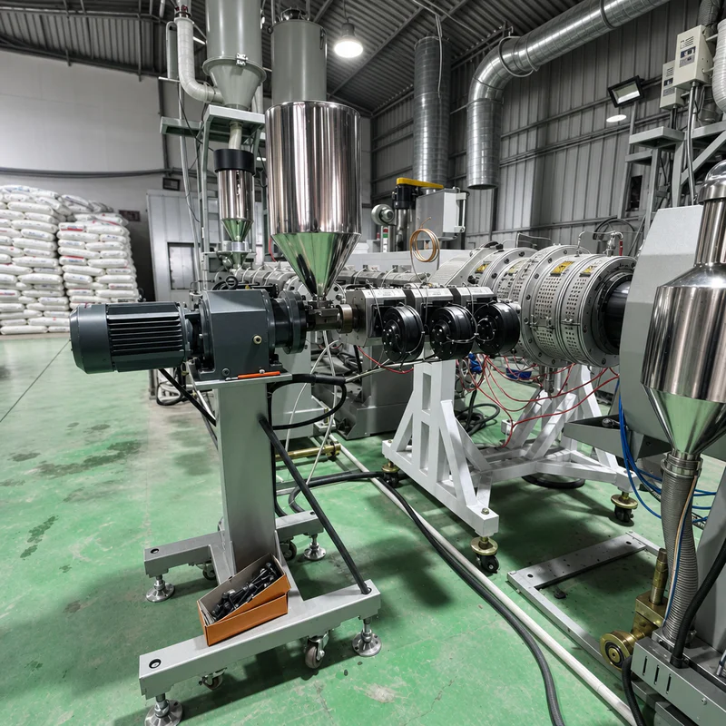 Plastic extrusion machine for plastic pipe and profile production in factory showroom