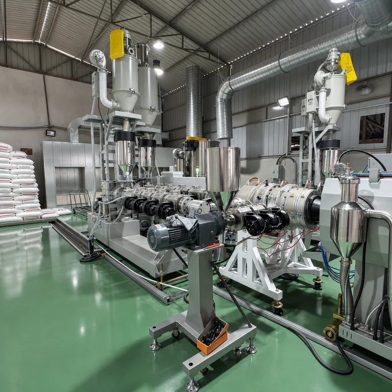 Plastic extrusion machine for manufacturing plastic pipe and profile in a showroom scene