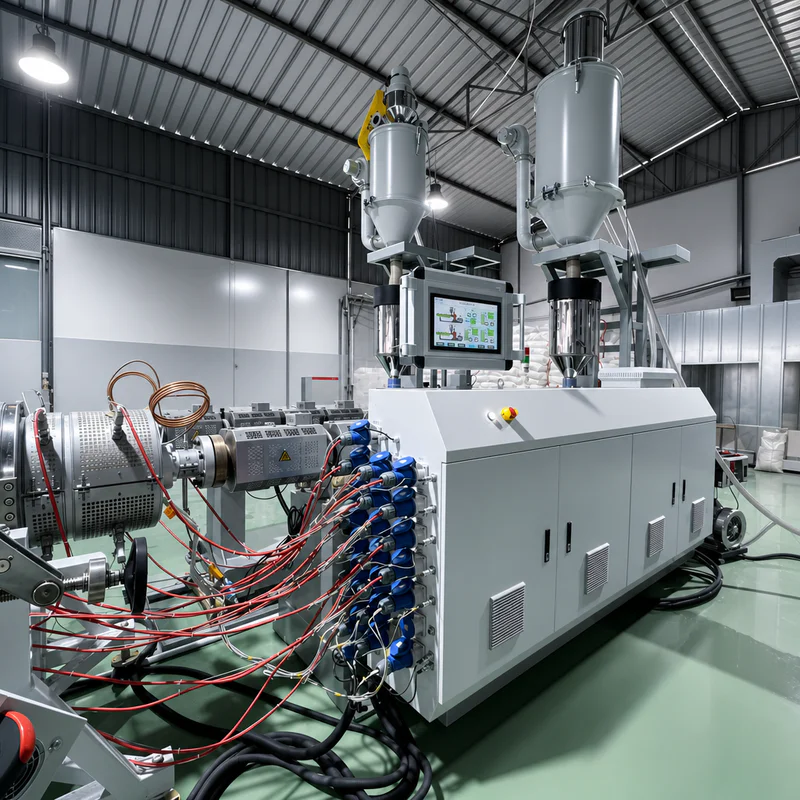 Plastic extrusion machine in showroom for pipe and profile manufacturing