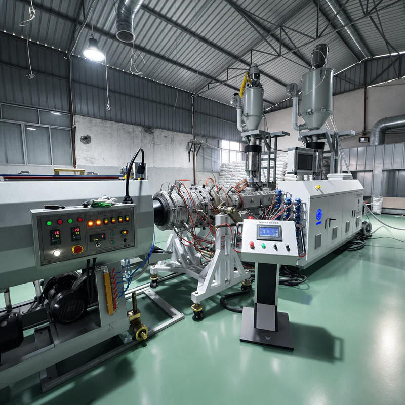 Plastic extrusion machine used for plastic pipe and profile manufacturing in a showroom scene