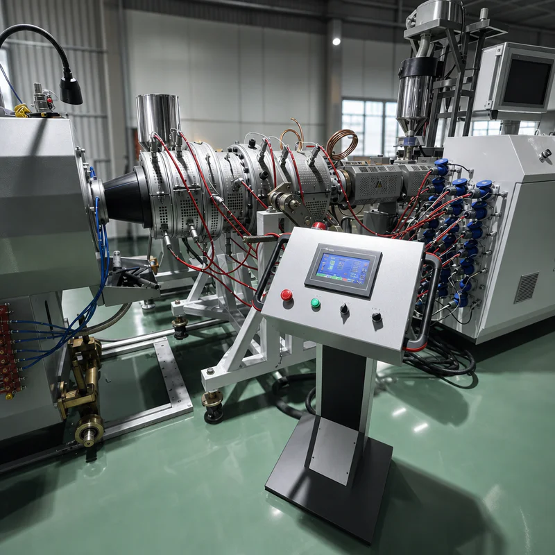 Plastic extrusion machine for manufacturing plastic pipes and profiles in a showroom scene