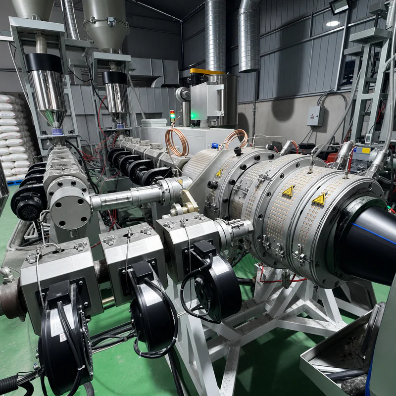 Plastic extrusion machine for manufacturing plastic pipes and profiles in a factory setting