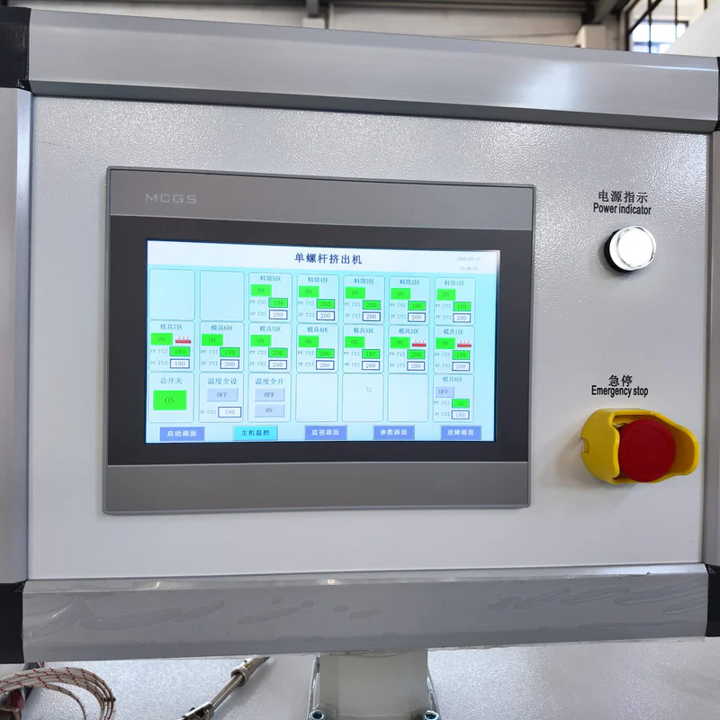 Plastic extrusion machine for pipe and profile production in showroom scene