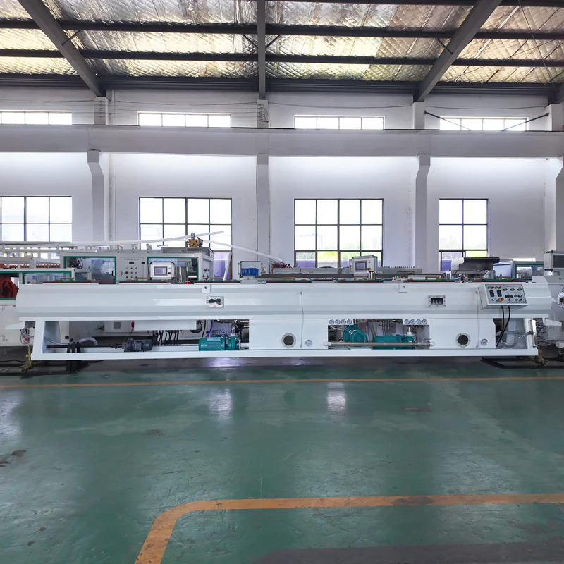 Plastic extrusion machine for manufacturing plastic pipes and profiles in a showroom background