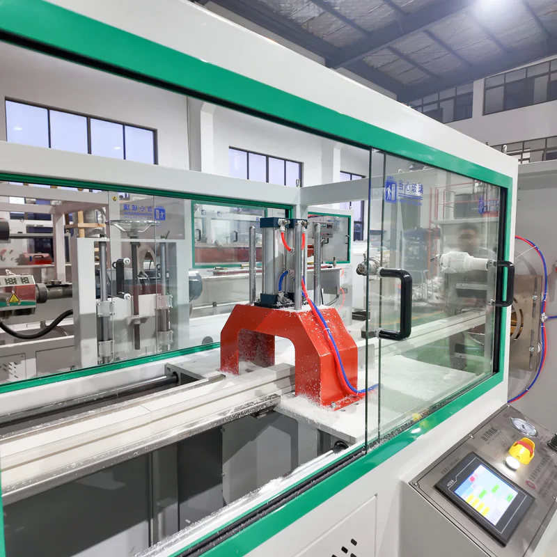 Cutter for PVC profile extrusion line used with plastic extrusion machine in showroom