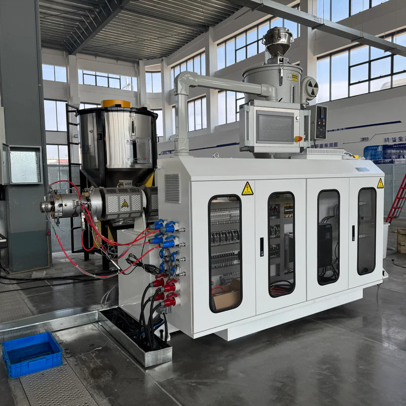 Plastic extrusion machine for pipe and profile production in showroom scene