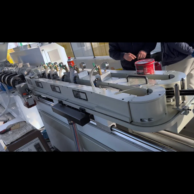 Plastic extrusion machine in showroom for pipe and profile manufacturing
