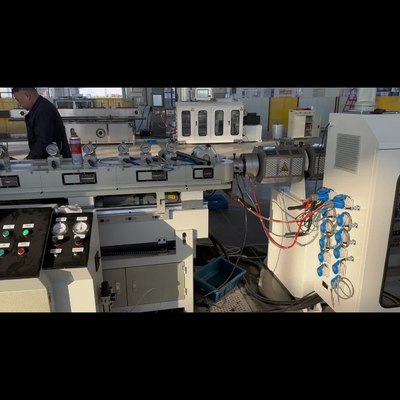 Plastic extrusion machine for manufacturing plastic pipes and profiles in showroom scene