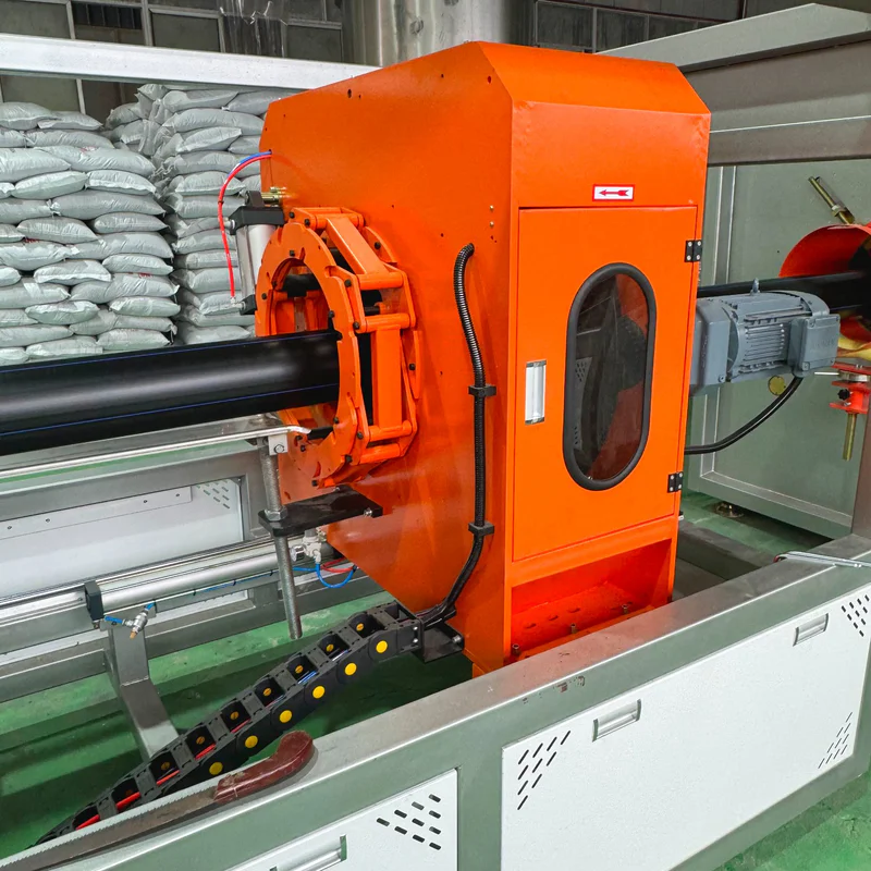 Plastic extrusion machine for manufacturing plastic pipes and profiles in a showroom scene