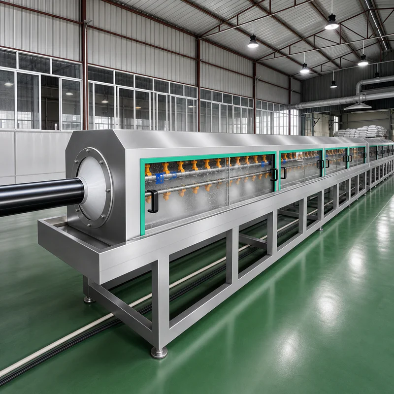Plastic extrusion machine for plastic pipe and profile production in showroom scene