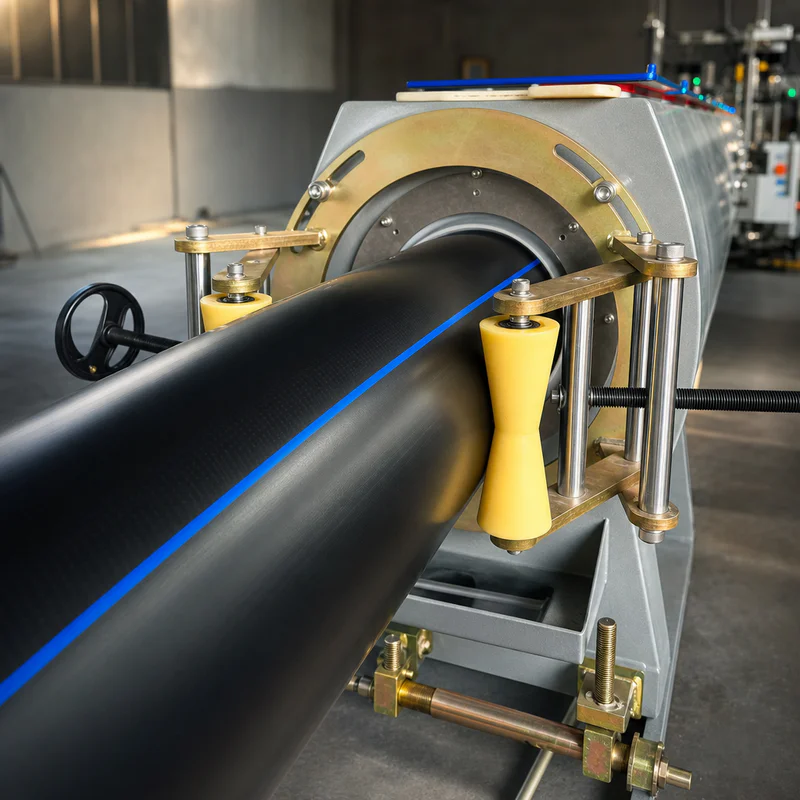 Plastic extrusion machine for manufacturing plastic pipes and profiles in a factory setting