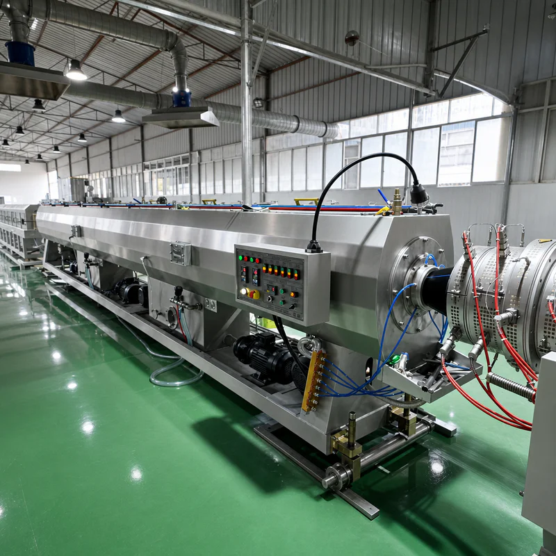 Plastic extrusion machine in showroom for pipe and profile manufacturing