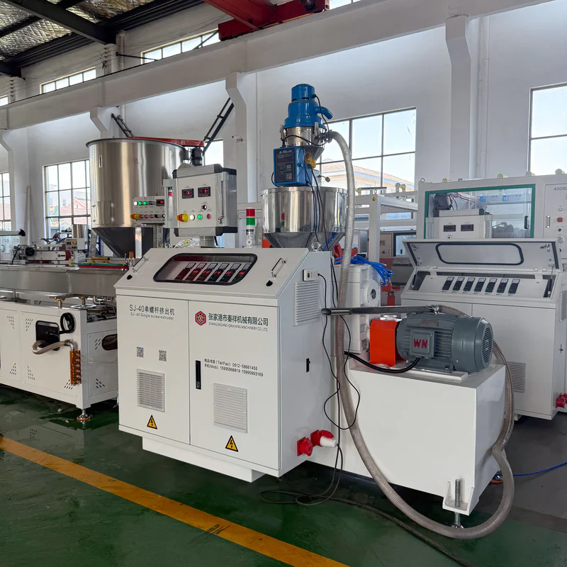 Plastic extrusion machine for pipe and profile manufacturing in showroom scene