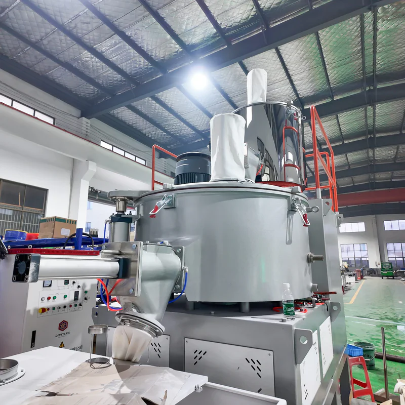 Mixer unit for PVC profile extrusion line with plastic extrusion machine in showroom background