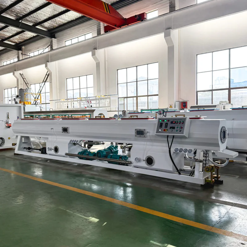 Plastic extrusion machine for pipe and profile production in a showroom scene