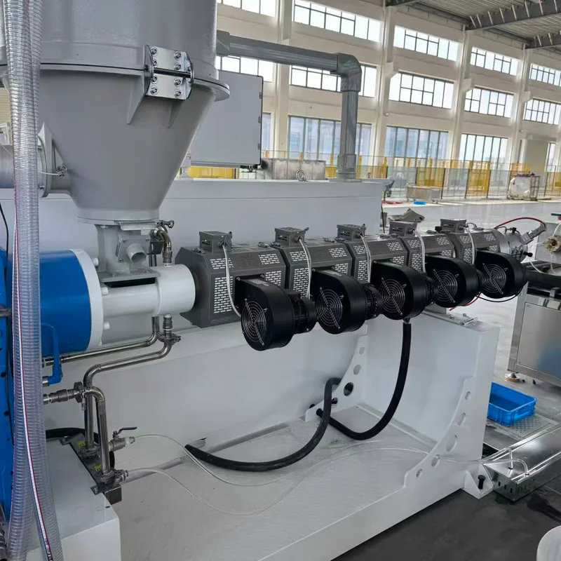 Plastic extrusion machine for pipe and profile production in showroom scene