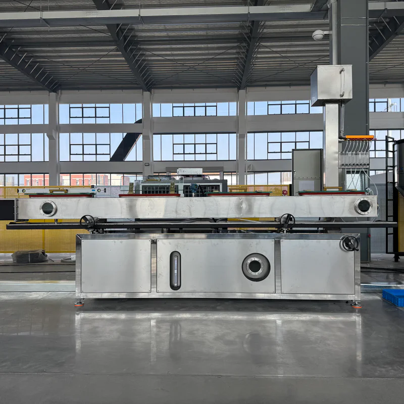 Plastic extrusion machine for manufacturing plastic pipes and profiles in a showroom scene