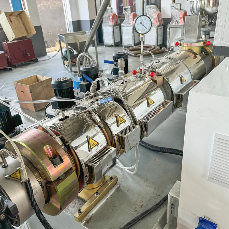 Plastic extrusion machine for PVC pipe and profile manufacturing in showroom scene