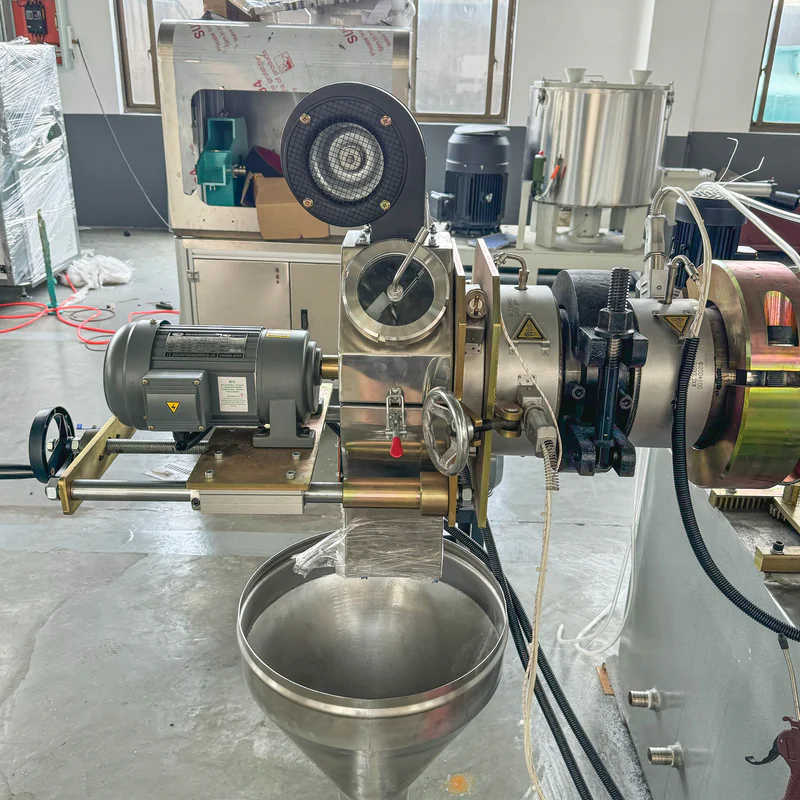 Plastic extrusion machine for manufacturing plastic pipe and profile in showroom scene