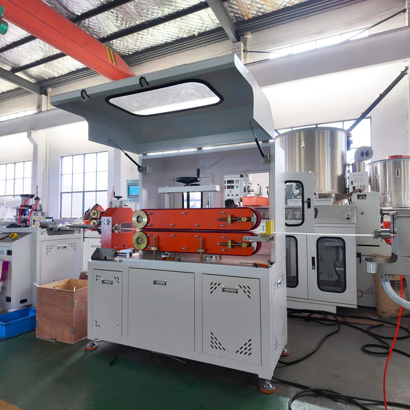 Plastic extrusion machine in showroom for pipe and profile manufacturing