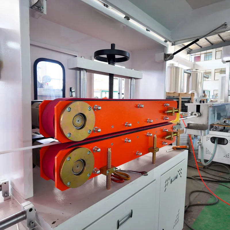 Plastic extrusion machine in showroom for pipe and profile manufacturing