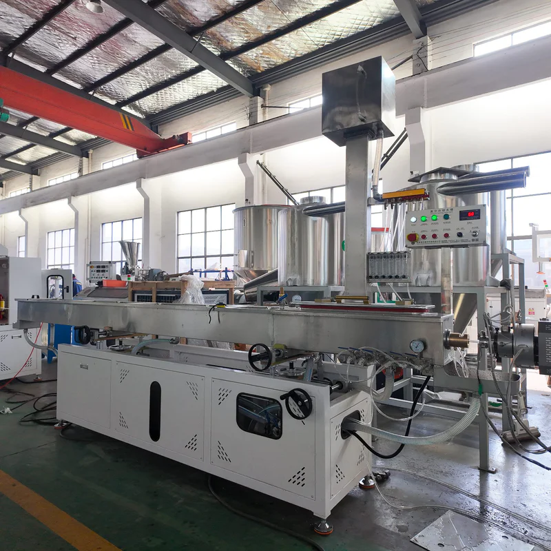 Plastic extrusion machine in showroom for pipe and profile manufacturing