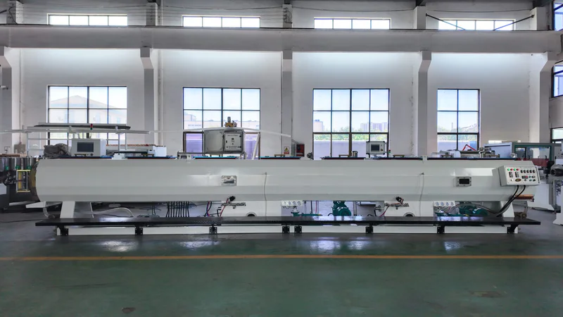 Plastic extrusion machine for plastic pipe and profile production in a showroom scene