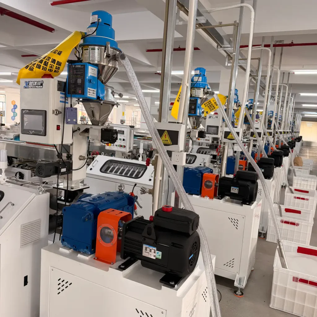 Plastic extrusion machine in showroom for pipe and profile manufacturing
