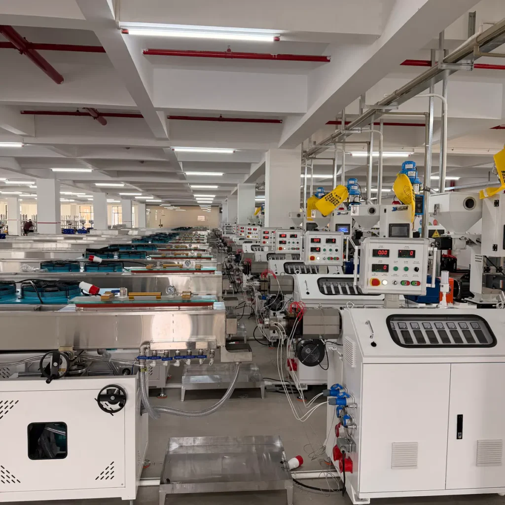 Plastic extrusion machine for pipe and profile manufacturing in showroom scene